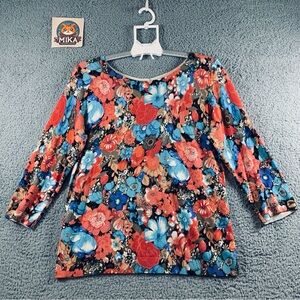 Talbots Sweater Cardigan Women's‎ Long Sleeve Button Floral Orange Blue Size L